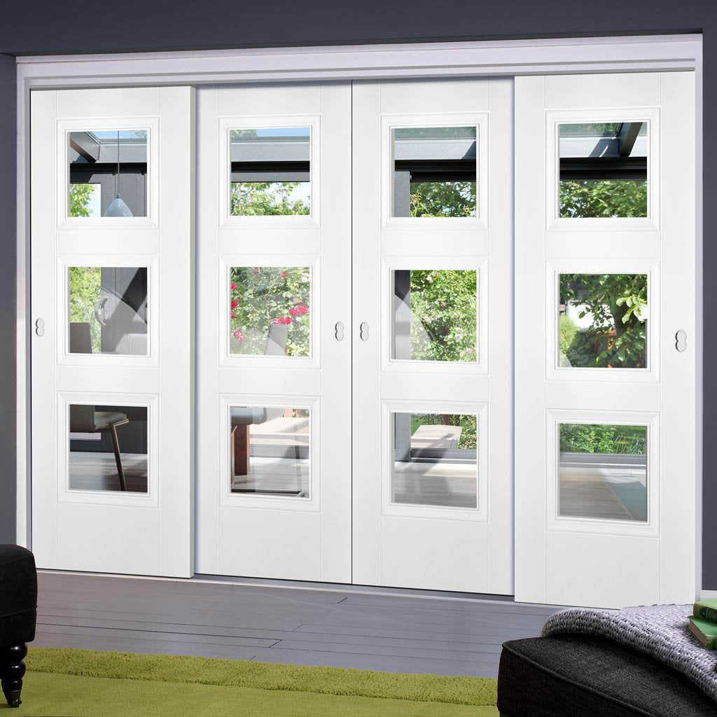 Four Sliding Doors and Frame Kit - Amsterdam 3 Pane Door - Clear Glass - White Primed