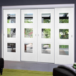 Image: Four Sliding Doors and Frame Kit - Amsterdam 3 Pane Door - Clear Glass - White Primed