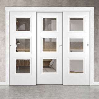 Image: Three Sliding Doors and Frame Kit - Amsterdam 3 Panel Door - Clear Glass - White Primed