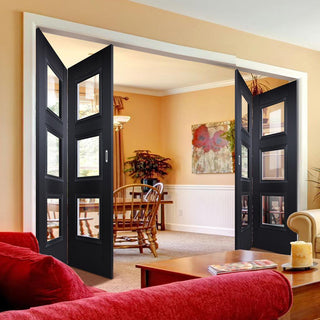 Image: Four Folding Doors & Frame Kit - Amsterdam Black Primed 2+2 - Clear Glass - Unfinished