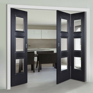 Image: Three Folding Doors & Frame Kit - Amsterdam Black Primed 2+1 - Clear Glass - Unfinished