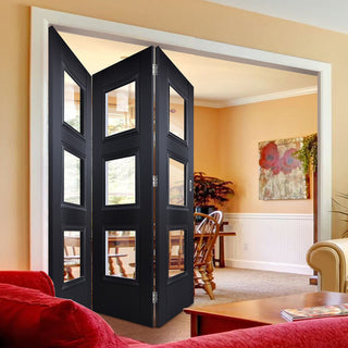 Image: Three Folding Doors & Frame Kit - Amsterdam Black Primed 3+0 - Clear Glass - Unfinished