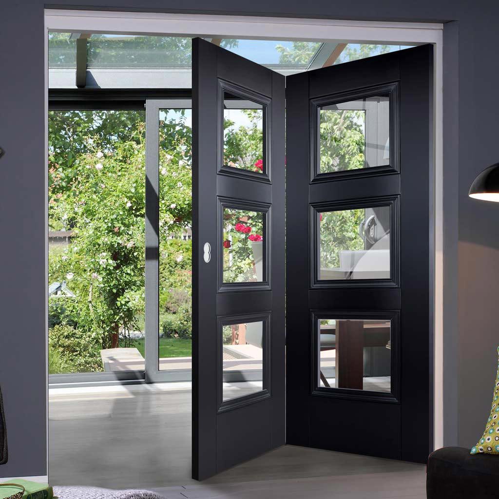 Two Folding Doors & Frame Kit - Amsterdam Black Primed 2+0 - Clear Glass - Unfinished
