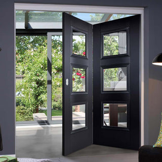 Image: Two Folding Doors & Frame Kit - Amsterdam Black Primed 2+0 - Clear Glass - Unfinished