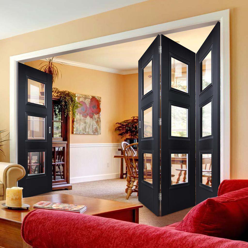 Four Folding Doors & Frame Kit - Amsterdam Black Primed 3+1 - Clear Glass - Unfinished
