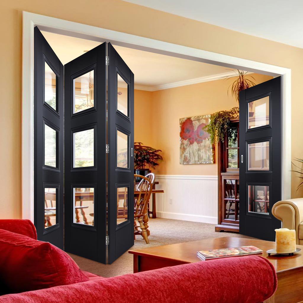 Four Folding Doors & Frame Kit - Amsterdam Black Primed 3+1 - Clear Glass - Unfinished