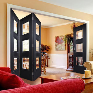 Image: Four Folding Doors & Frame Kit - Amsterdam Black Primed 3+1 - Clear Glass - Unfinished