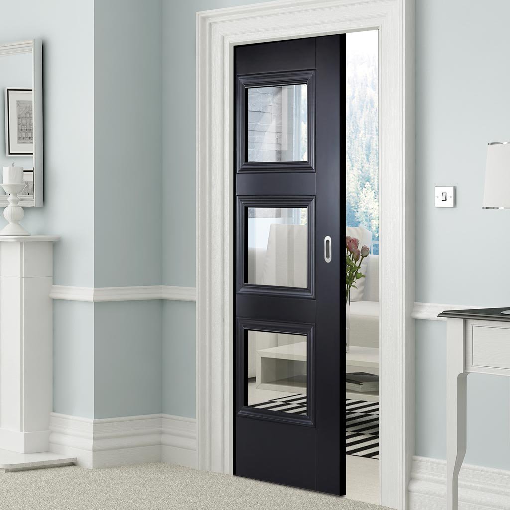 Amsterdam Black Primed Single Evokit Pocket Door - Clear Glass