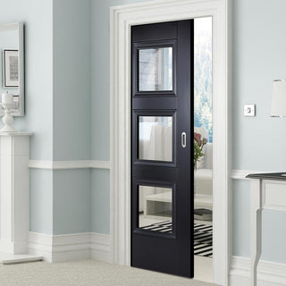 Image: Amsterdam Black Primed Single Evokit Pocket Door - Clear Glass