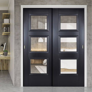 Image: Two Sliding Doors and Frame Kit - Amsterdam Black Primed Door - Clear Glass - Unfinished