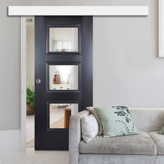 Image: Single Sliding Door & Wall Track - Amsterdam Black Primed Door - Clear Glass - Unfinished