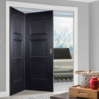 Image: Two Folding Doors & Frame Kit - Amsterdam 3 Panel Black Primed 2+0 - Unfinished