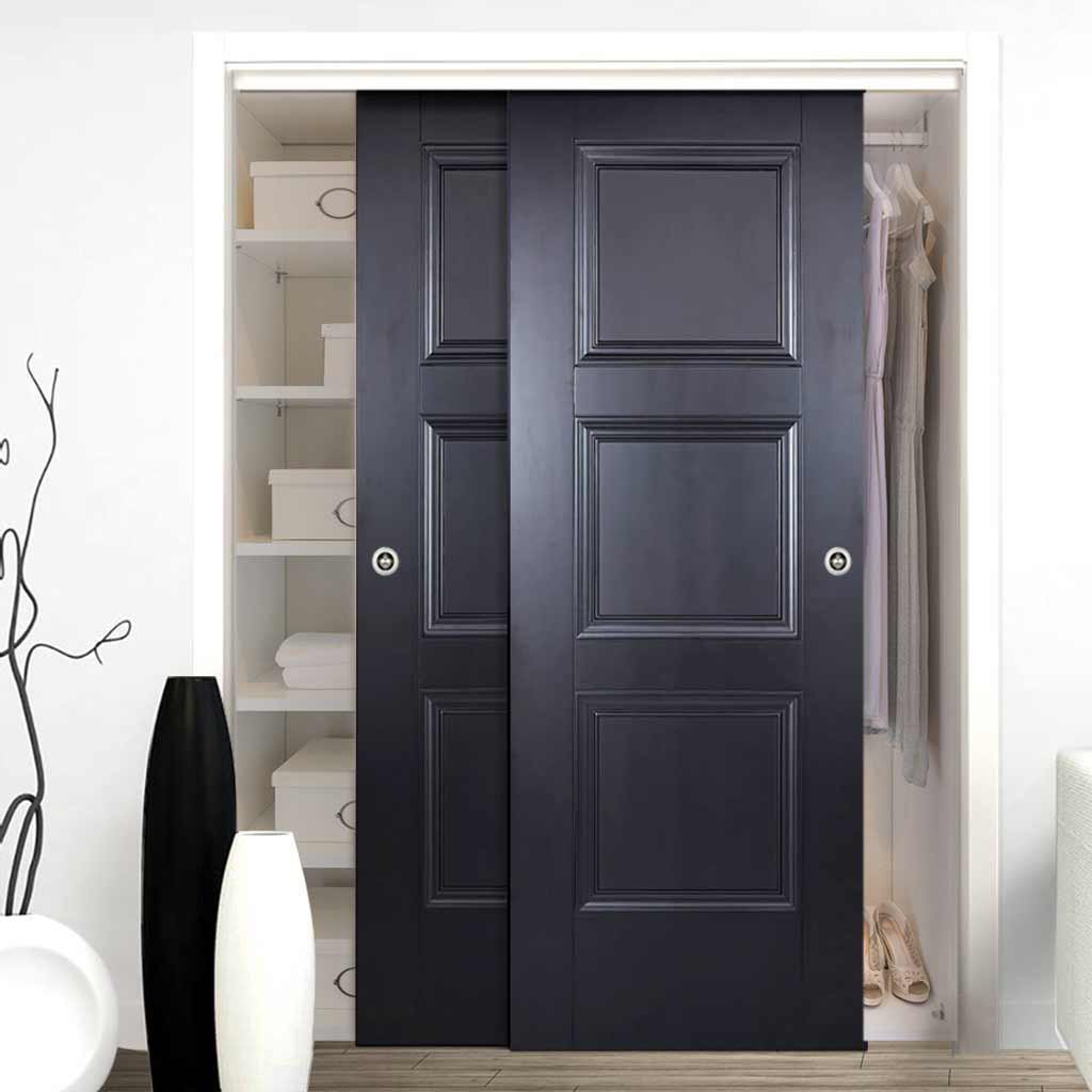 Minimalist Wardrobe Door & Frame Kit - Two Amsterdam 3 Panel Black Primed Doors - Unfinished