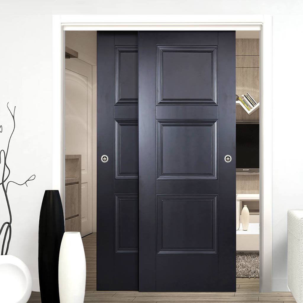 Two Sliding Doors and Frame Kit - Amsterdam 3 Panel Black Primed Door - Unfinished