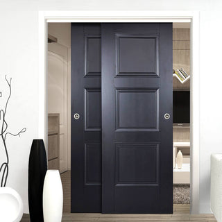 Image: Two Sliding Doors and Frame Kit - Amsterdam 3 Panel Black Primed Door - Unfinished
