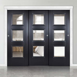 Image: Three Sliding Doors and Frame Kit - Amsterdam Black Primed Door - Clear Glass - Unfinished