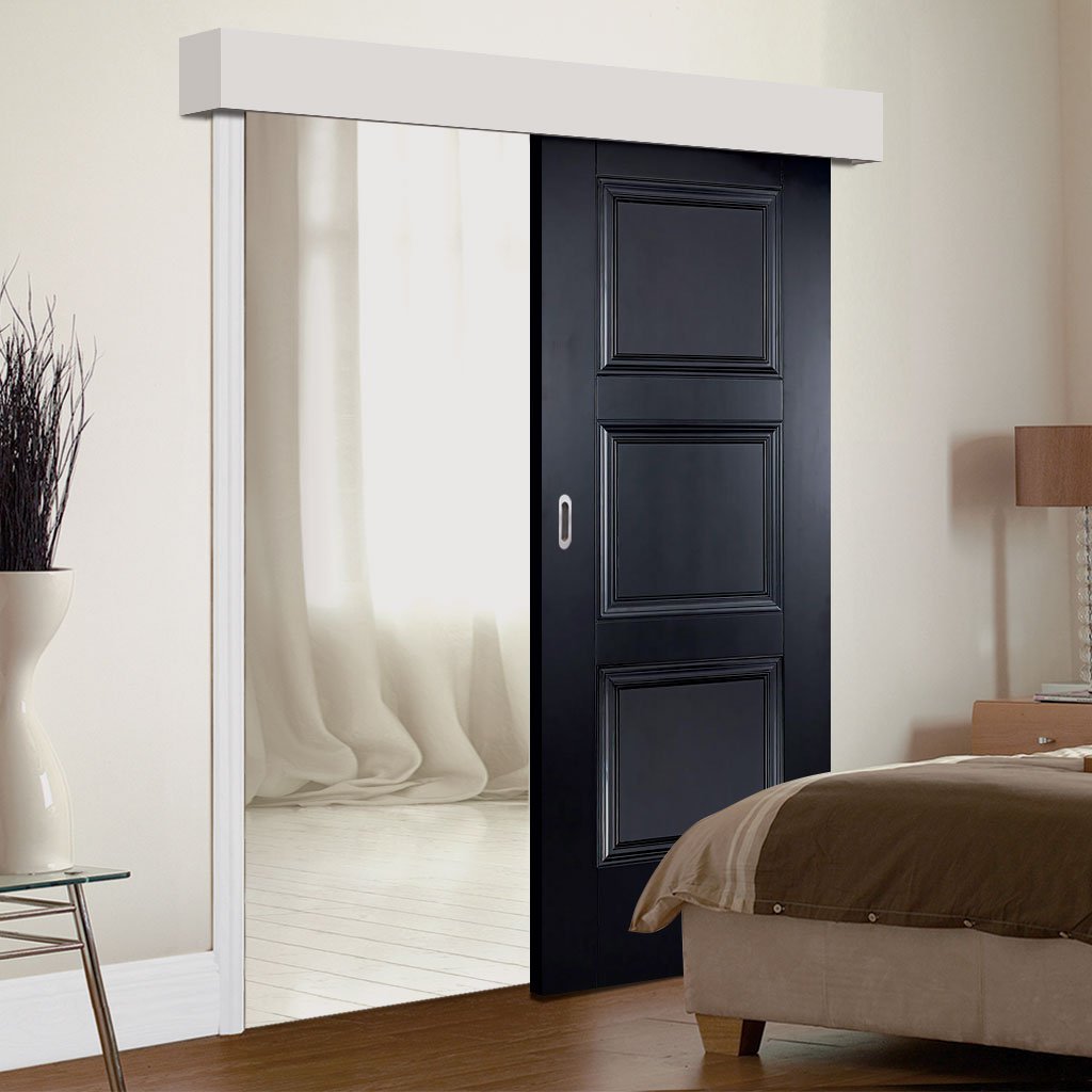 Single Sliding Door & Wall Track - Amsterdam 3 Panel Black Primed Door - Unfinished