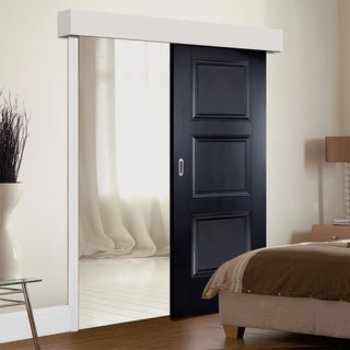 Image: Single Sliding Door & Wall Track - Amsterdam 3 Panel Black Primed Door - Unfinished