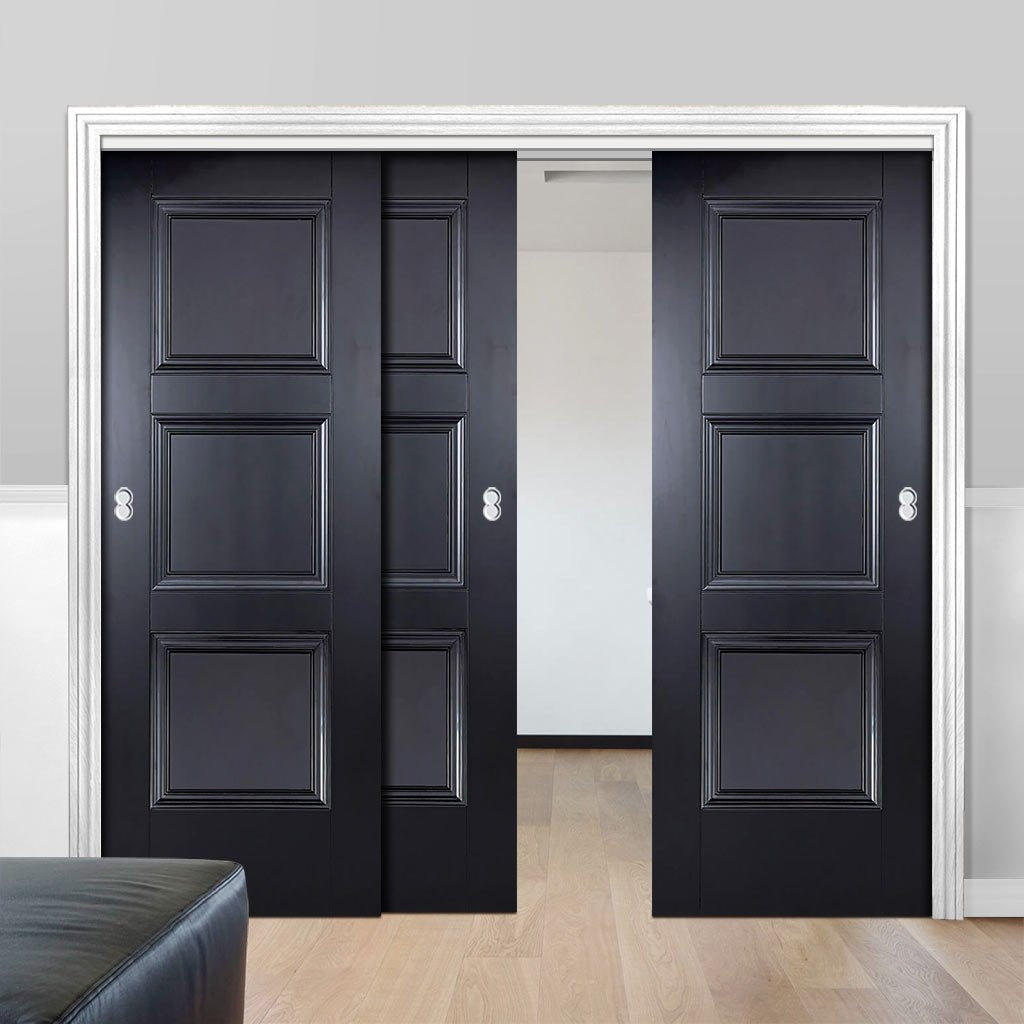 Three Sliding Doors and Frame Kit - Amsterdam 3 Panel Black Primed Door - Unfinished