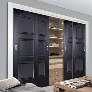 Image: Minimalist Wardrobe Door & Frame Kit - Four Amsterdam 3 Panel Black Primed Doors - Unfinished