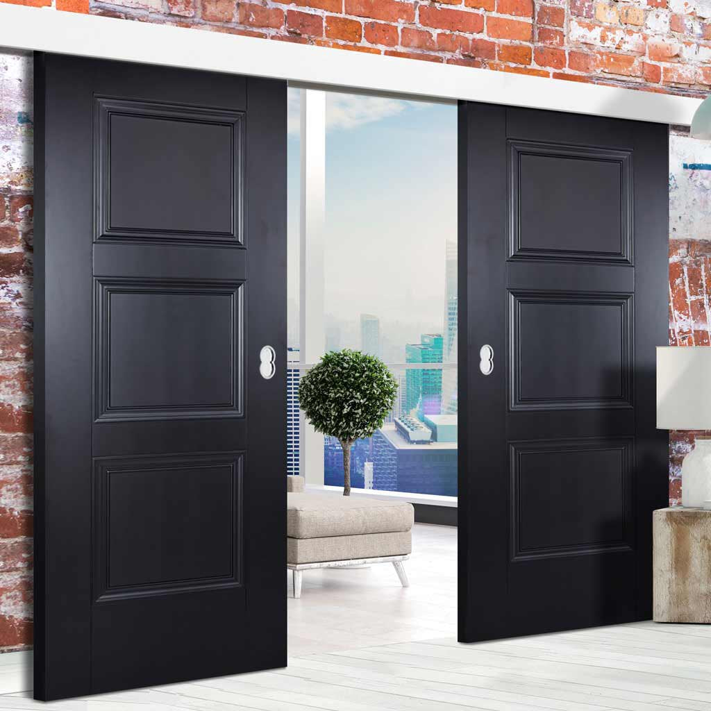 Double Sliding Door & Wall Track - Amsterdam 3 Panel Black Primed Doors - Unfinished