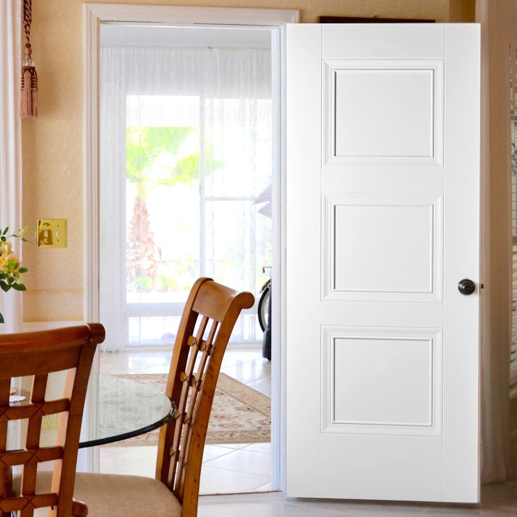 White Fire Door, Amsterdam 3 Panel Door - 1/2 Hour Rated - White Primed