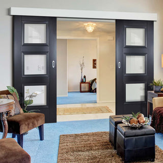 Image: Double Sliding Door & Wall Track - Amsterdam Black Primed Doors - Clear Glass - Unfinished