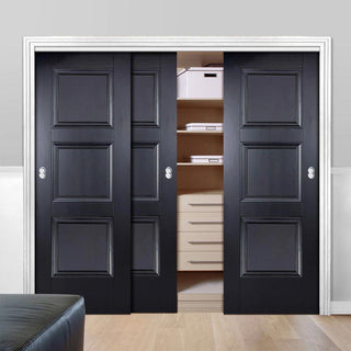 Image: Three Sliding Wardrobe Doors & Frame Kit - Amsterdam 3 Panel Black Primed Door - Unfinished