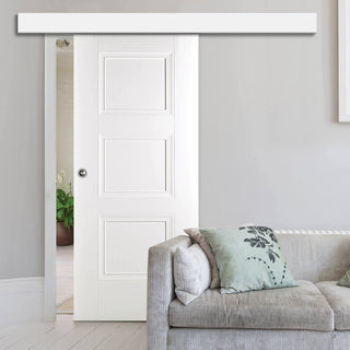 Image: Single Sliding Door & Wall Track - Amsterdam 3 Panel Door - White Primed