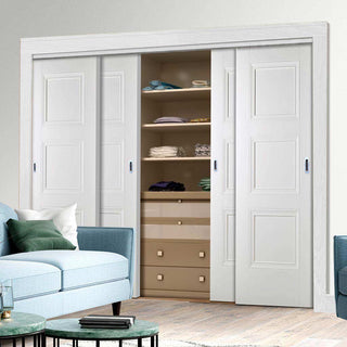Image: Minimalist Wardrobe Door & Frame Kit - Four Amsterdam 3 Panel Doors - White Primed 