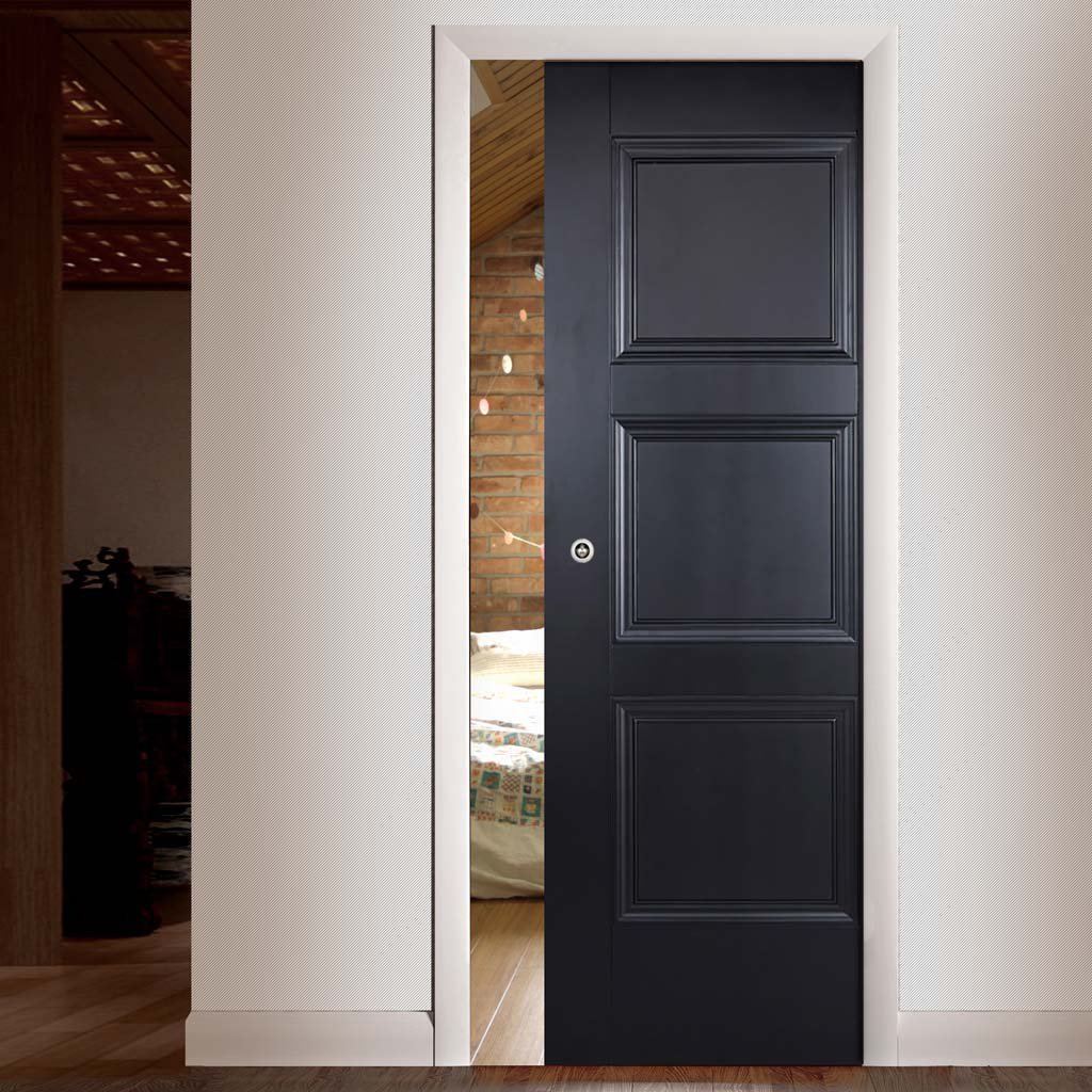 Amsterdam 3 Panel Black Primed Single Evokit Pocket Door