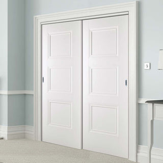 Image: Minimalist Wardrobe Door & Frame Kit - Two Amsterdam 3 Panel Doors - White Primed 