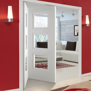 Image: Two Folding Doors & Frame Kit - Amsterdam 3 Panel 2+0 - Clear Glass - White Primed