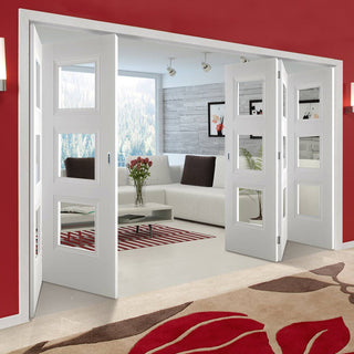Image: Five Folding Doors & Frame Kit - Amsterdam 3 Panel 3+2 - Clear Glass - White Primed