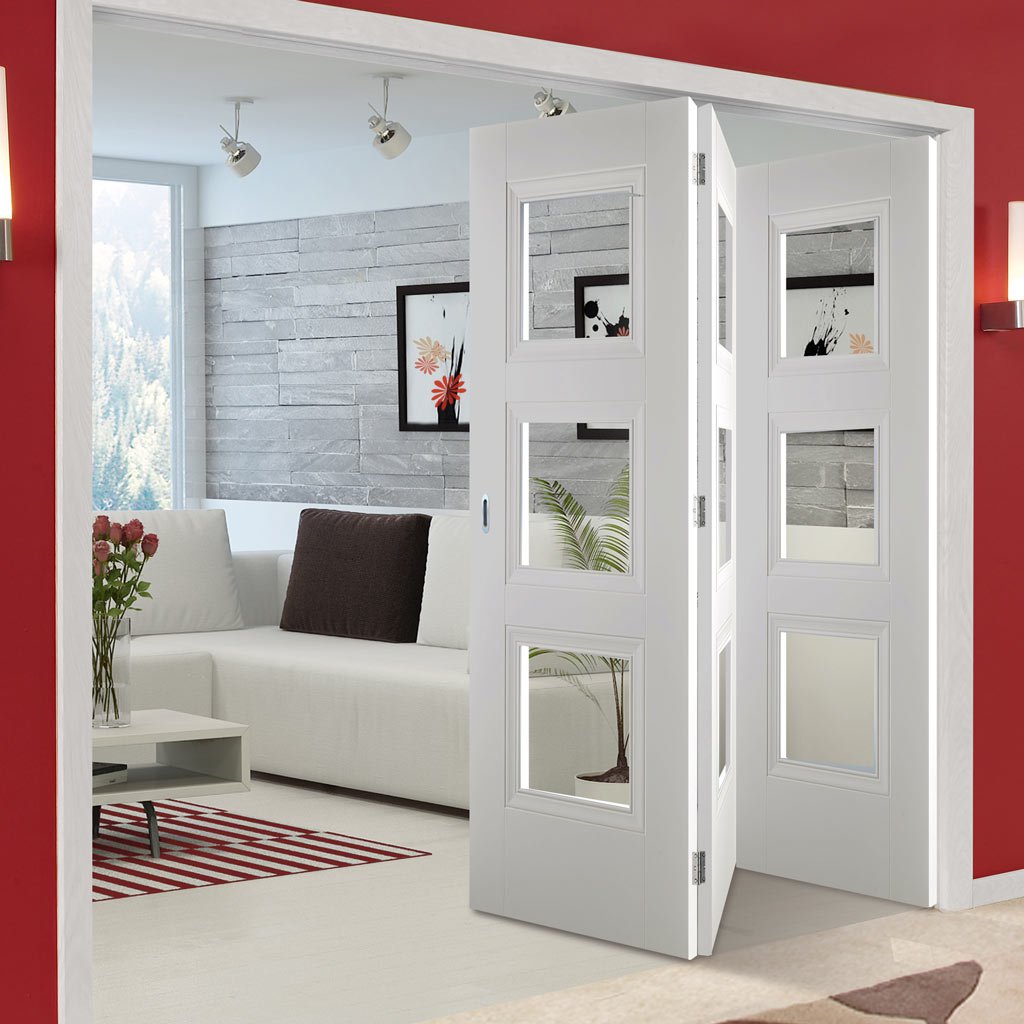 Three Folding Doors & Frame Kit - Amsterdam 3 Panel 3+0 - Clear Glass - White Primed