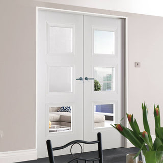 Image: Amsterdam 3 Panel Door Pair - Clear Glass - White Primed
