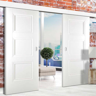 Image: Double Sliding Door & Wall Track - Amsterdam 3 Panel Doors - White Primed