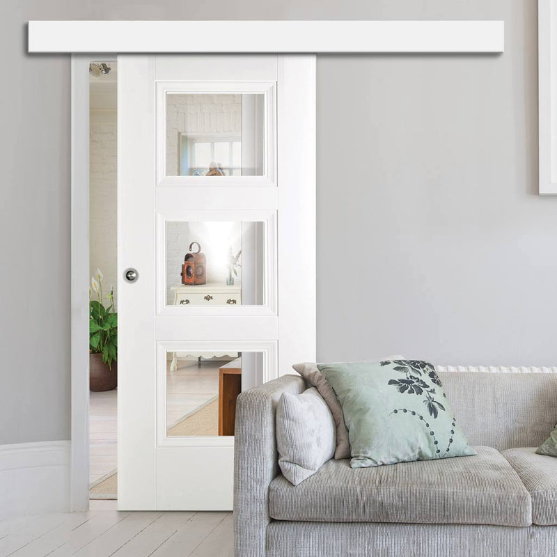 Single Sliding Door & Wall Track - Amsterdam 3 Panel Door - Clear Glass - White Primed