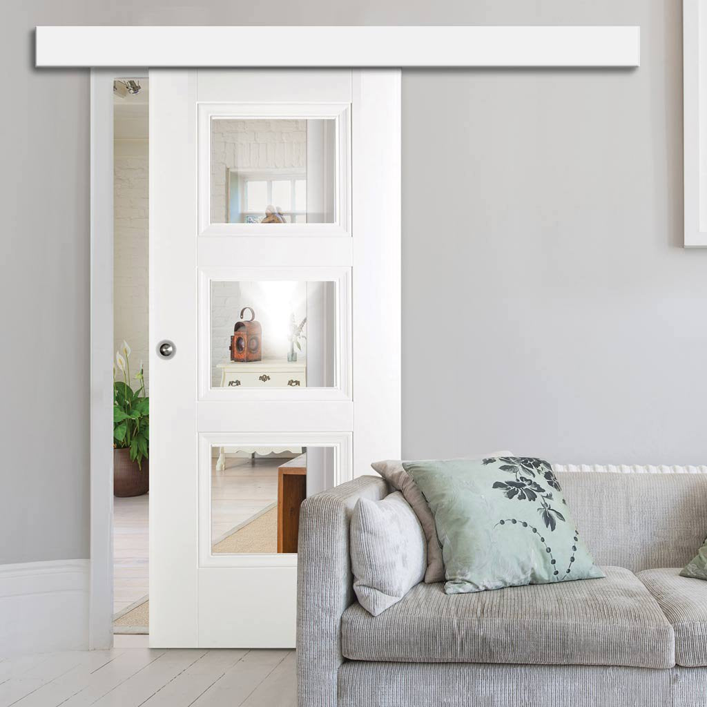 Single Sliding Door & Wall Track - Amsterdam 3 Panel Door - Clear Glass - White Primed