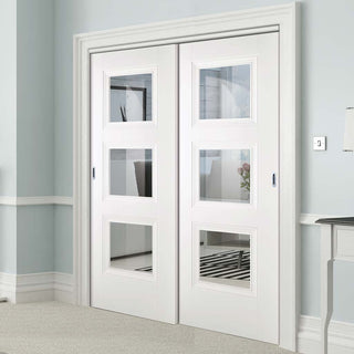 Image: Two Sliding Doors and Frame Kit - Amsterdam 3 Panel Door - Clear Glass - White Primed