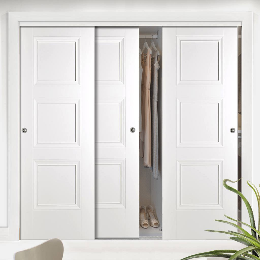 Three Sliding Wardrobe Doors & Frame Kit - Amsterdam 3 Panel Door - White Primed