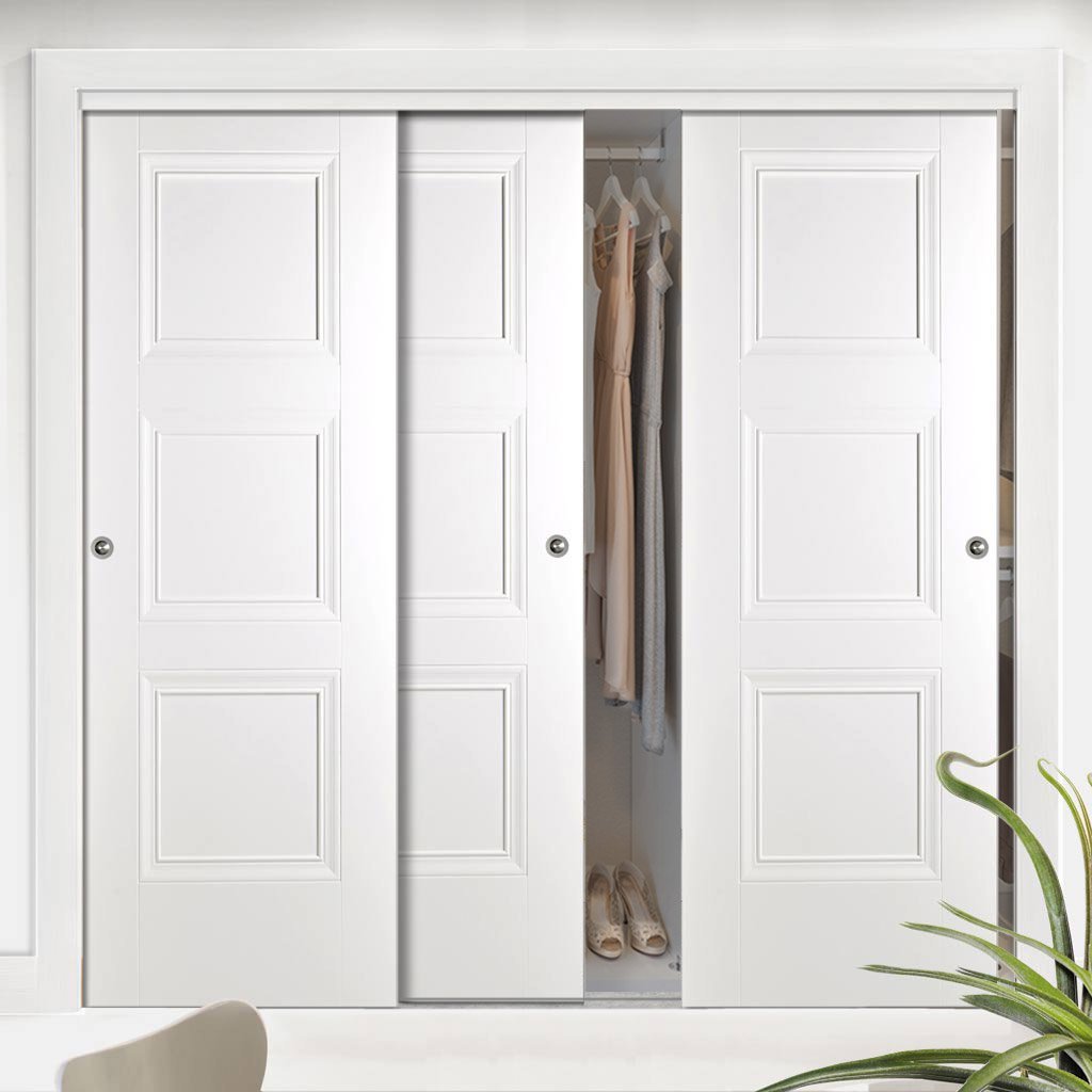 Minimalist Wardrobe Door & Frame Kit - Three Amsterdam 3 Panel Doors - White Primed 