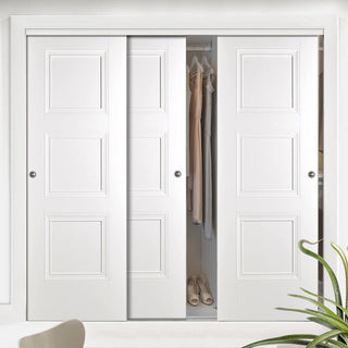 Image: Minimalist Wardrobe Door & Frame Kit - Three Amsterdam 3 Panel Doors - White Primed 