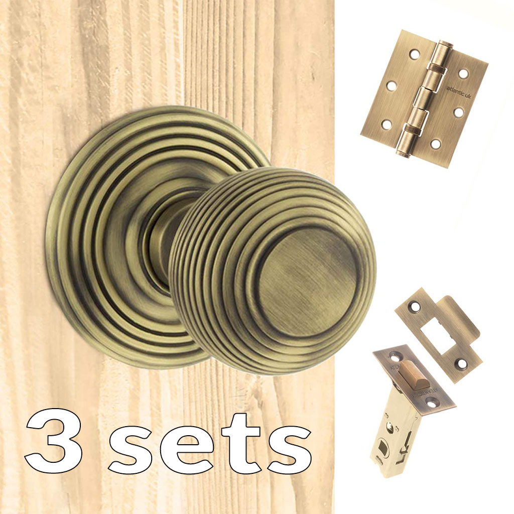 Three Pack Ripon Reeded Old English Mortice Knob - Matt Antique Brass