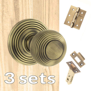 Image: Three Pack Ripon Reeded Old English Mortice Knob - Matt Antique Brass