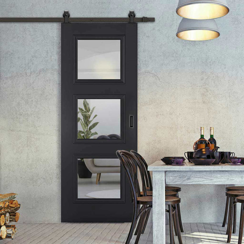 Top Mounted Black Sliding Track & Door - Antwerp 3 Pane Black Primed Door - Clear Glass