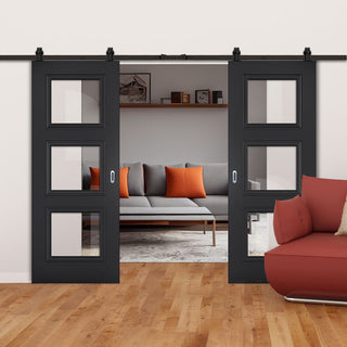 Image: Top Mounted Black Sliding Track & Double Door - Antwerp 3 Pane Black Primed Doors - Clear Glass