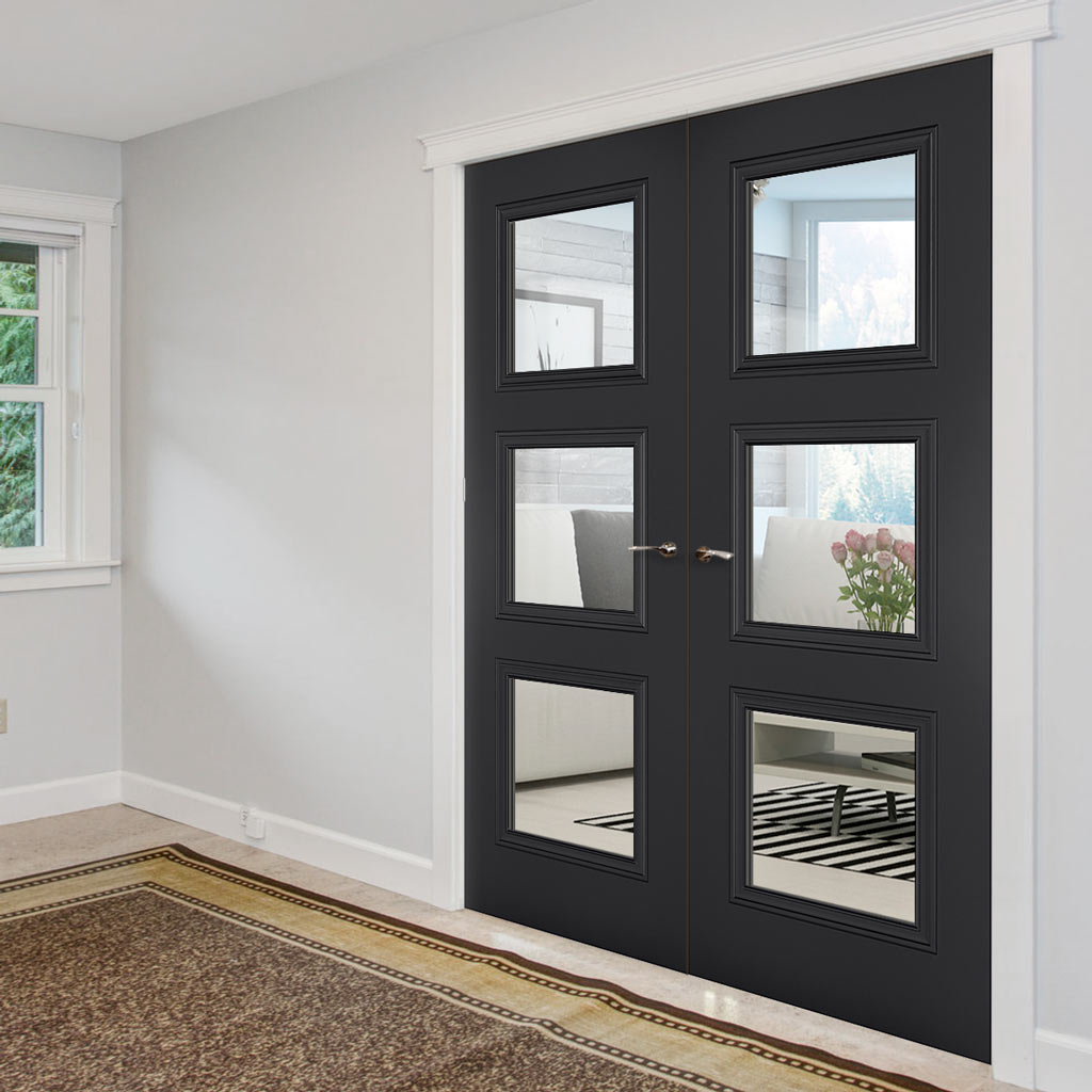 Antwerp 3 Pane Black Primed Internal Door Pair - Clear Glass