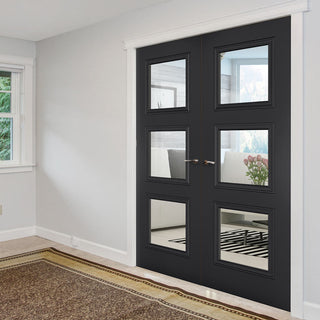 Image: Antwerp 3 Pane Black Primed Internal Door Pair - Clear Glass