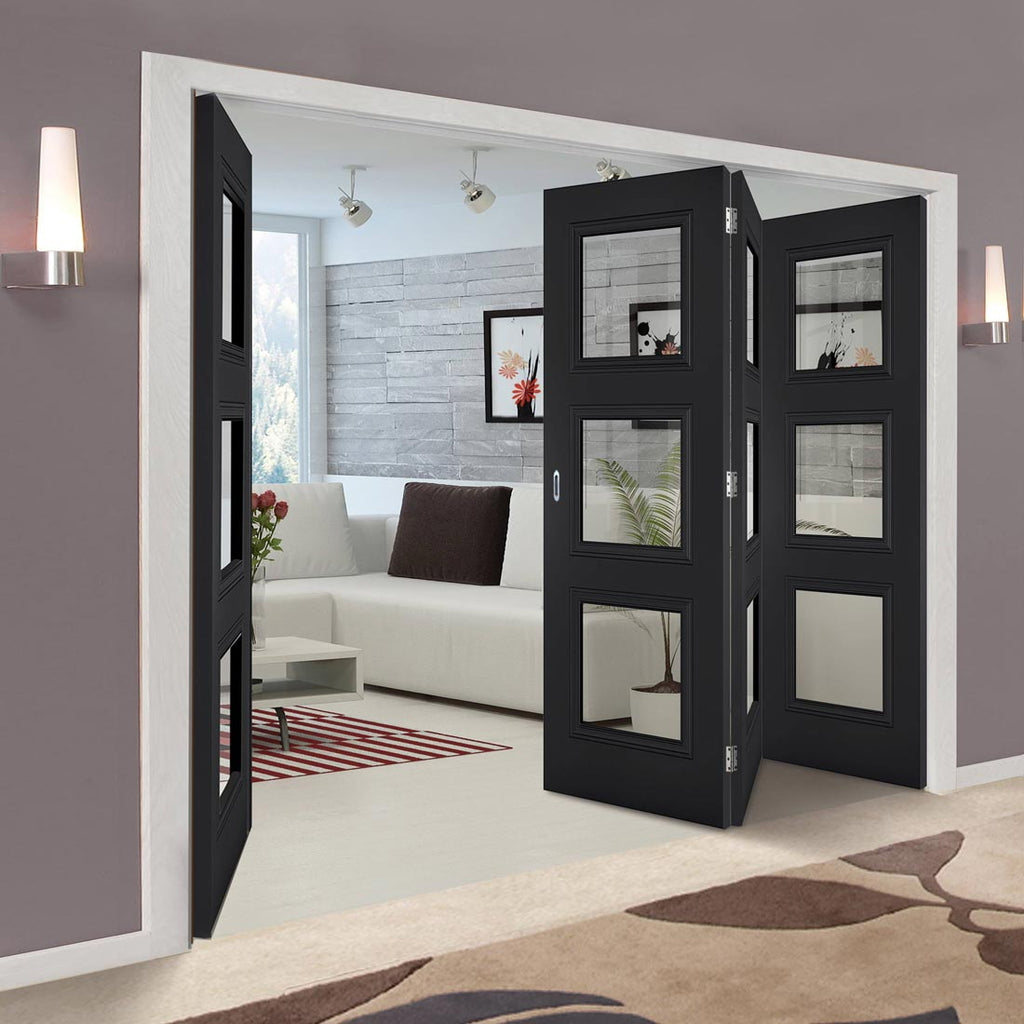 Four Folding Doors & Frame Kit - Antwerp 3 Pane Black Primed 3+1 - Clear Glass